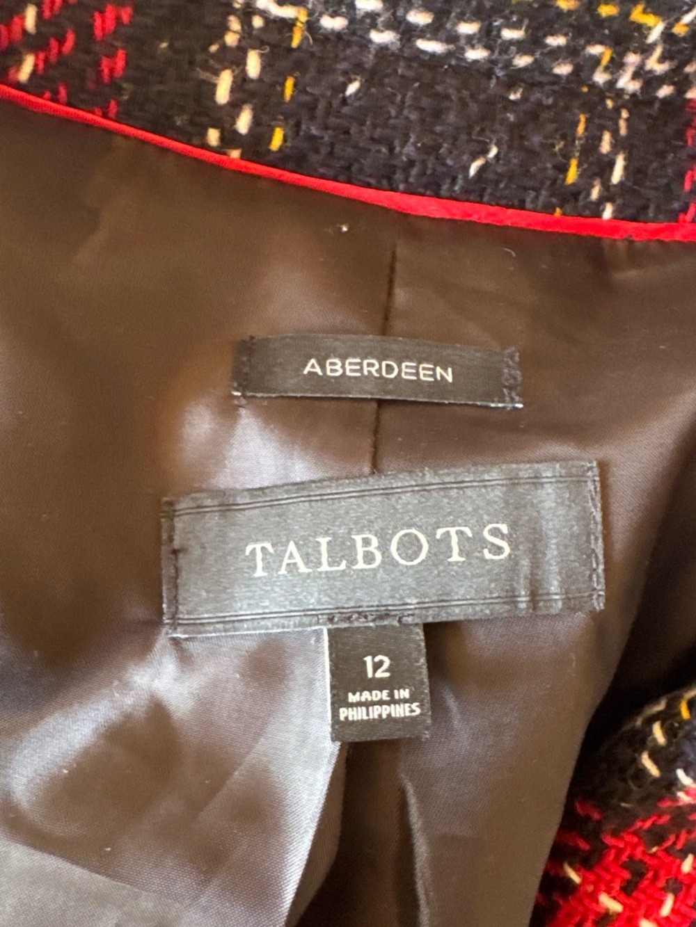 Talbots Aberdeen Plaid Tweed Blazer Size 12 Navy Red Tartan Lined Two Button - Picture 3 of 4